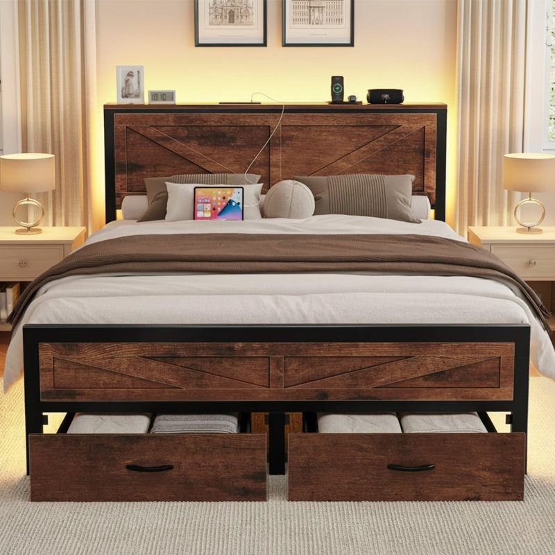Rustic Bed Frame with Storage Drawers and Barn Door Headboard, Farmhouse LEDFrame with Charging Station, Metal Industrial Platform Bed Frames, No Box Spring Needed