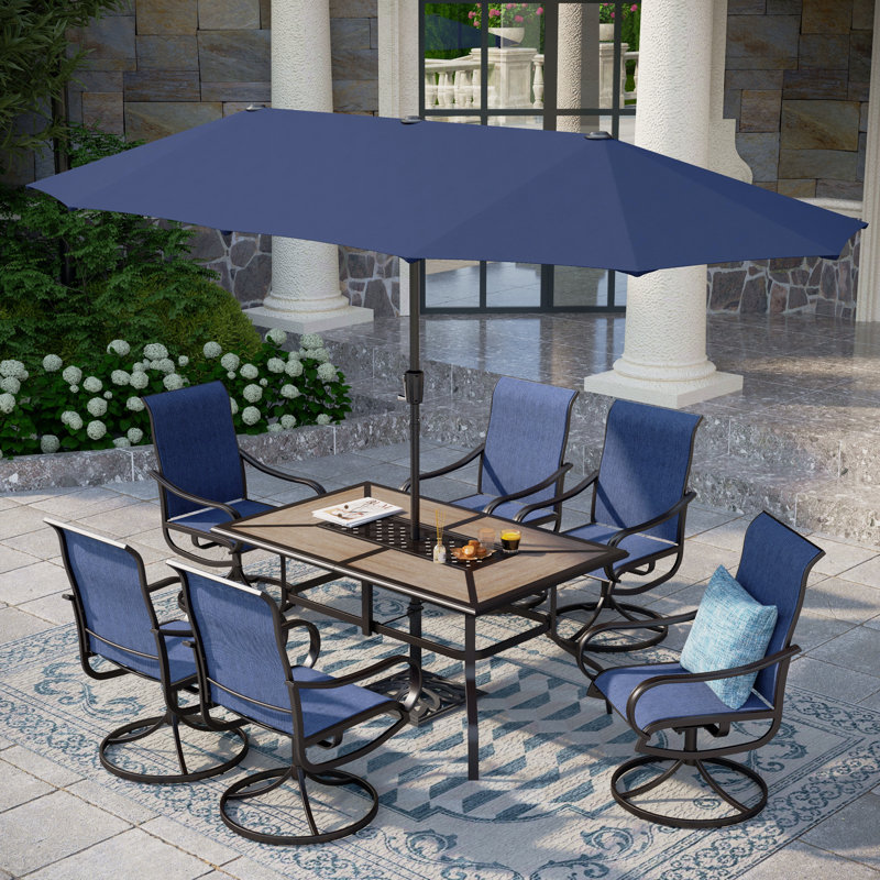 8 ensembles de salle à manger d'extérieur avec parasol 8 pièces, Bleu, Bleu