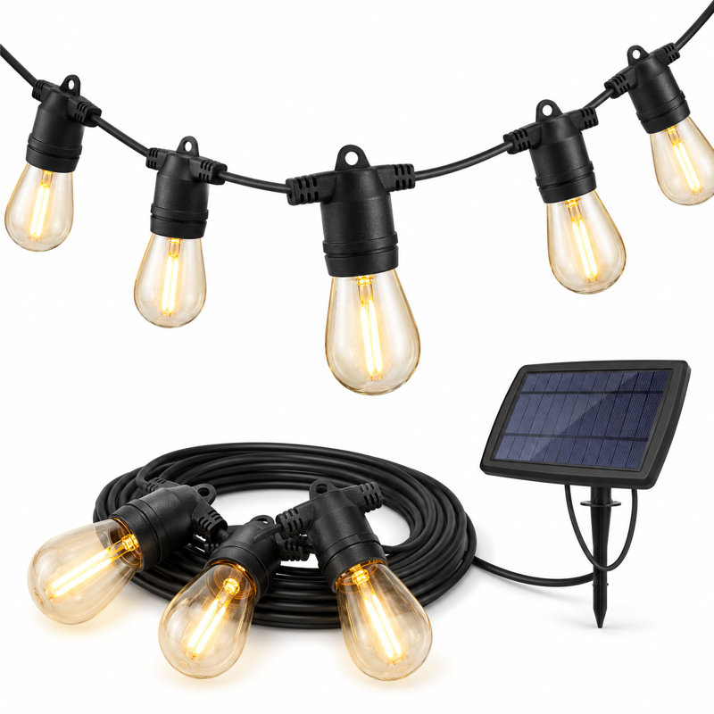 48FT 15-Bulb Solar-Powered Outdoor Standard String Lights, Shatterproof, Weatherproof, Dusk to Dawn On/Off, 576" L