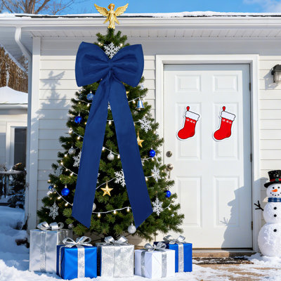 Satin Christmas Tree Topper Bow and 24 Ribbon Bows, 25 PCS Wired Edge Bow Set with Long Tail for Christmas Tree, Garland, Wreath, Indoor Outdoor Holiday Decor, Blue