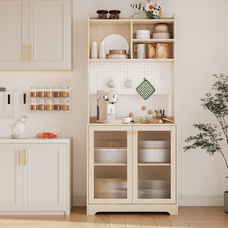 Garde-manger de 71 po de hauteur avec portes en verre - panneau perforé et tablettes ouvertes - bahut de buffet sur pied à 6 niveaux - organisateur de rangement pour salle à manger et café - couleur bois naturel