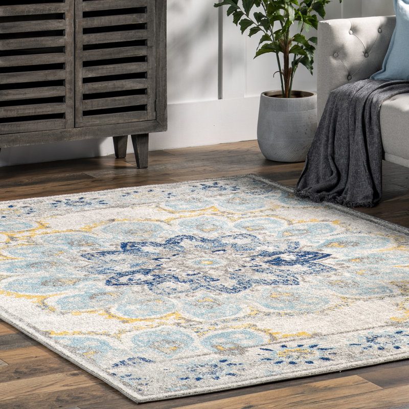 Tapis bleu / blanc cassé Swam, Rectangle 9 pi x 12 pi