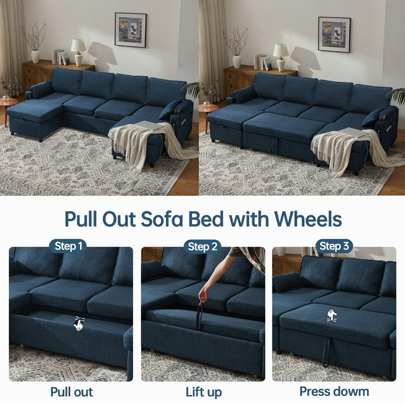 U-shape 2 In 1 Sleeper Sofa Pull-Out Couch With USB Charging, Storage Chaise, Cup Holder For Apartment, Living Room, Blue