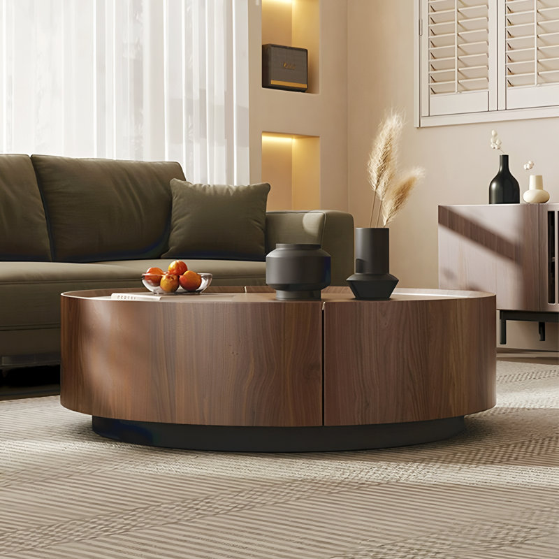 Walnut Round Coffee Table with Hidden Storage Drawers,No Assembly Required, 12.6" H x 35.43" L x 35.43" W