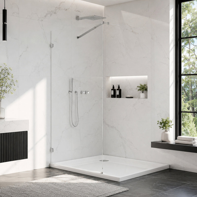 Panneau de douche fixe sans cadre en verre trempé transparent de 10 mm (3/8 po) d'épaisseur, 91,4 cm (36 po) de largeur x 192,8 cm (76 po) de hauteur, avec pellicule de sécurité et nano-revêtement, fixation murale, chromé.