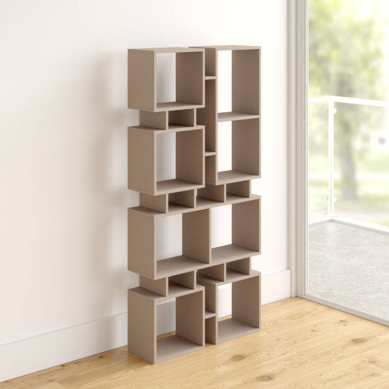 Mcleod Modern Asymmetric Freestanding Bookcase 4-Tier Storage Unit with 8 Open Compartments, Light Moca