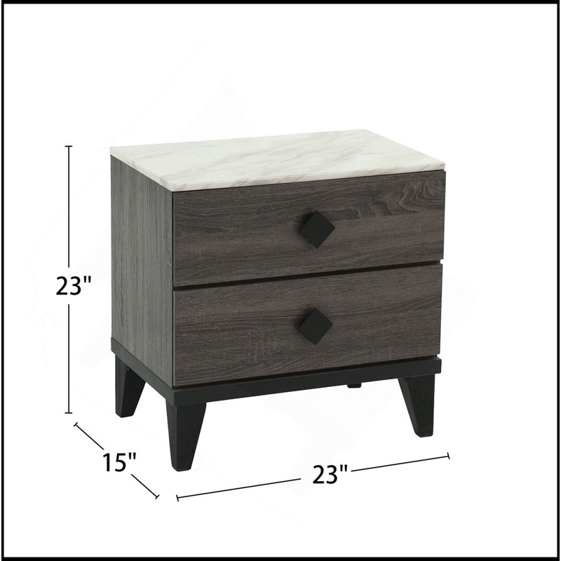 Table de chevet en bois deux tons avec 2 tiroirs, gris métallisé