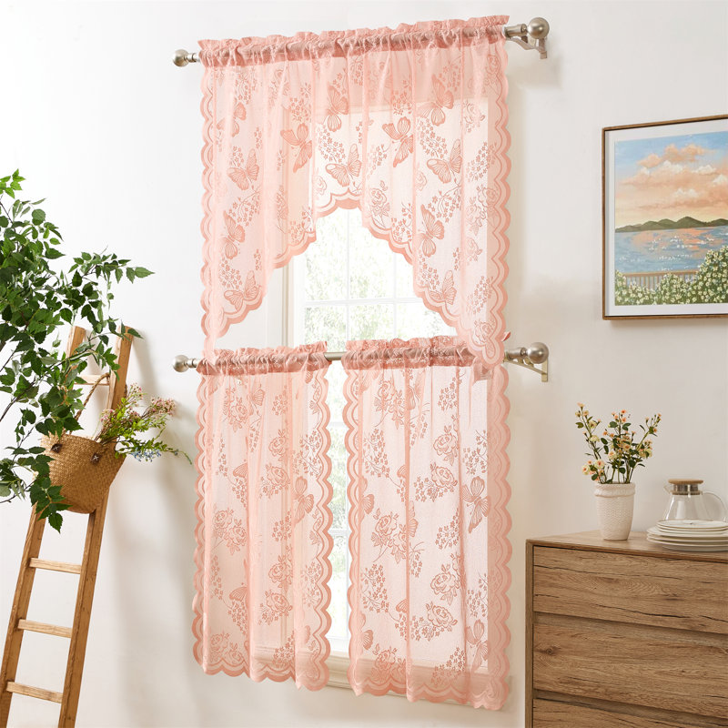 August Grove® Denyelle Floral Lace - Sheer 3 Piece Kitchen Curtains Set, Light Filtering Transparent Window Swag Valance + 36 inch Tiers Set