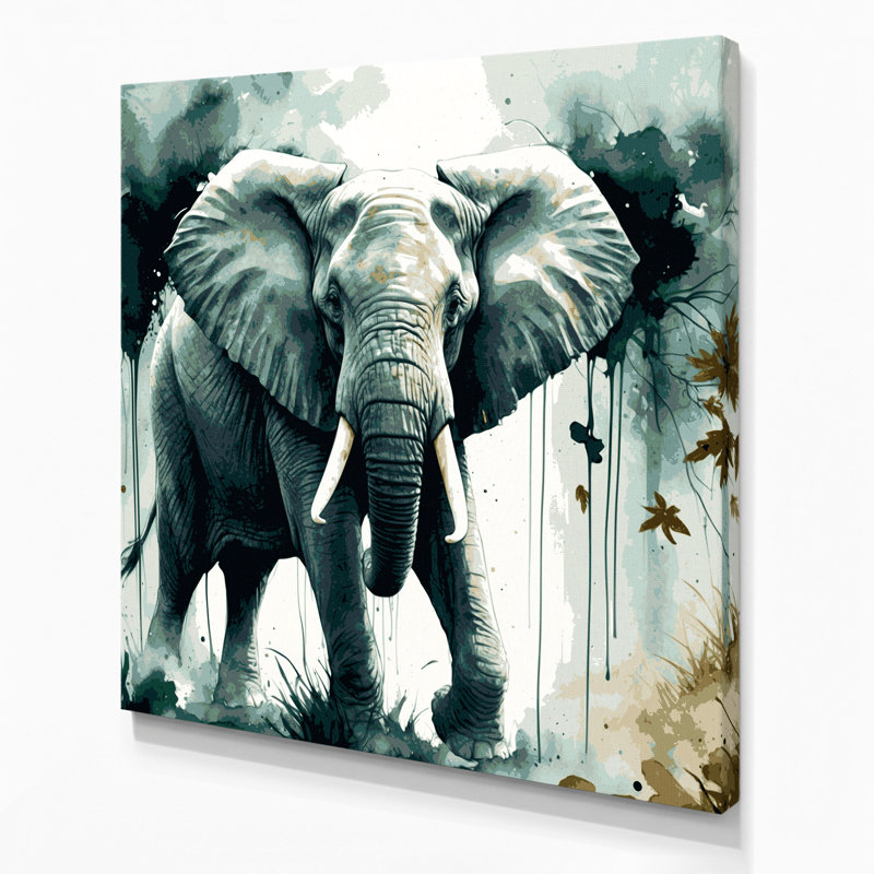 Faune, forêt, éléphant africain, art mural sur toile verte, H 16 po x l 16 po