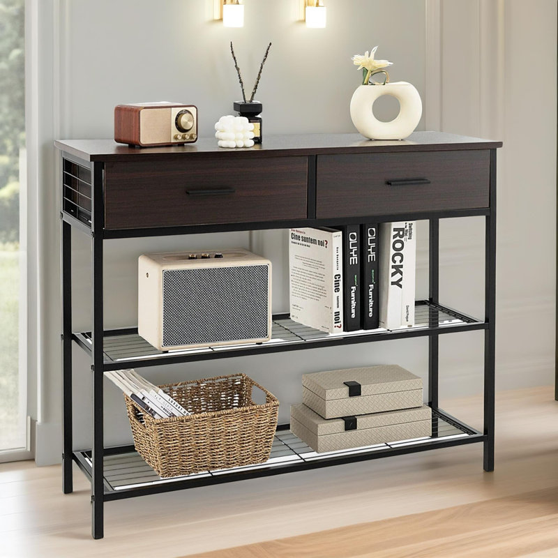 3 Tier Rustic Industrial 100Cm Console Table with Storage Drawers and Shelf, Entryway Furniture