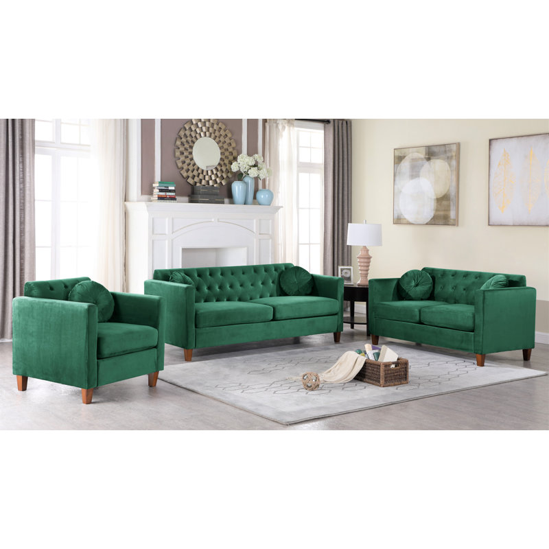 Ensemble de salon Pradfield Velvet Classic Chesterfield, Velours vert
