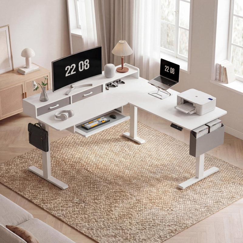 63" Height Adjustable L Shaped Standing Desk with 2 Drawers and Keyboard Tray, Electric Sit to Stand Home Office Comupter Table, Ergonomic Corner Gaming Desk, White