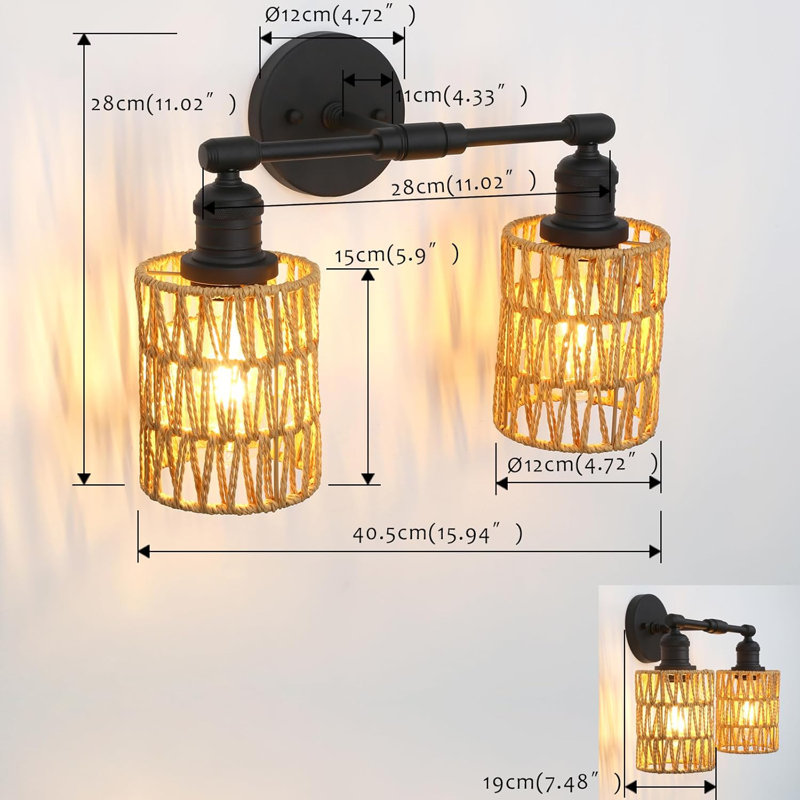 Rattan Wall Sconce Light - Hand-Woven Boho Vintage Wall Lamp With Braided Rope Shade, Hardwired Indoor Fixture For Bedroom, Bathroom, Reading Nook