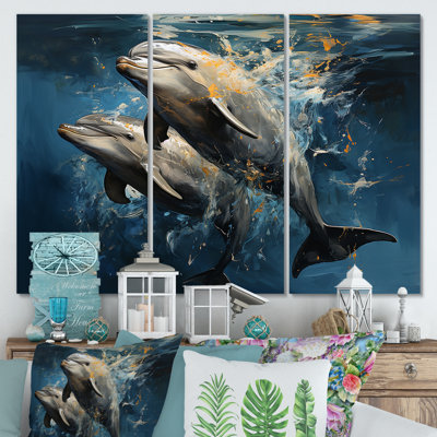 Blue Dancing Dolphins I - Animals Dolphin Wall Art