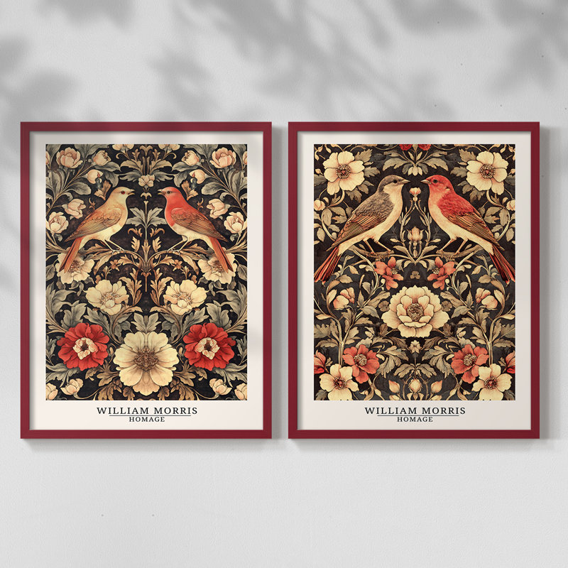 WM MORRIS Series CCCLXVII-Premium Framed Print -Ready to Hang - No Nails Required - No Nails Required, Red, 21" H x 34" W