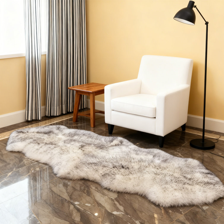 Luxurious Plush White and Gray Faux Sheepskin Rug