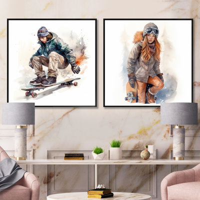 Skateboarder Charm In Winter - Ensemble de 2 collages carrés