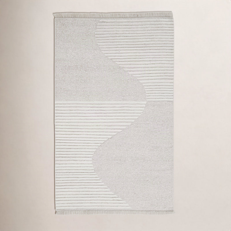 Rectangle Geometric Flatweave Wool/Cotton Area Rug in Ivory/Gray, Rectangle 5' x 8'