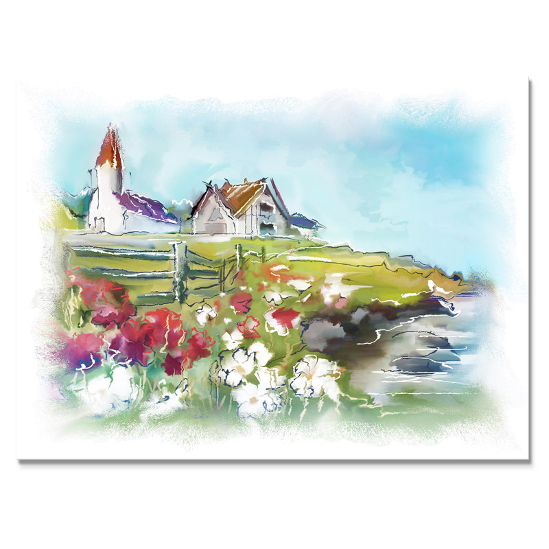 Bâtiments blancs sur un pré vert coloré - peinture sur toile, H 12 po x l 20 po x P 1 po, Toile tendue