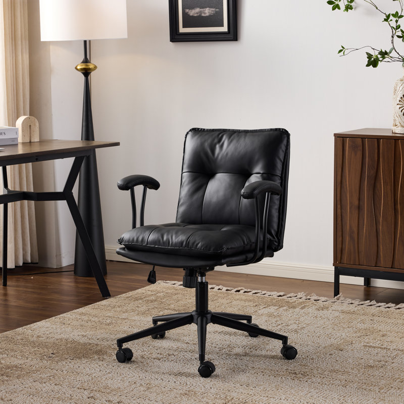 Tufted Button Double Layer Padding Faux Leather Swivel Office Chairb, Black