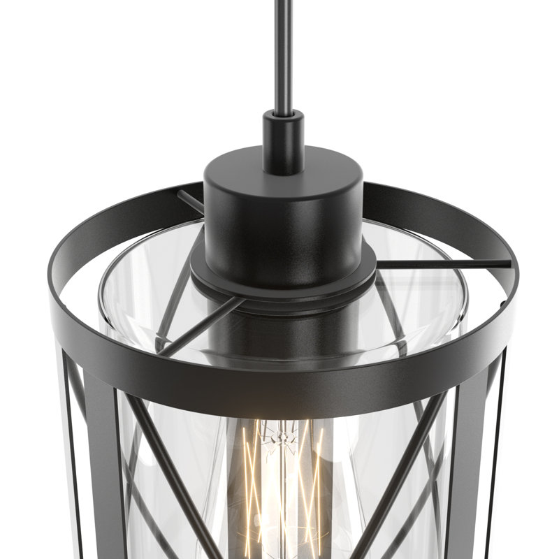 Luminaire suspendu cylindrique moderne à 1 lumière à intensité variable Alessia noir mat avec abat-jour en verre transparent