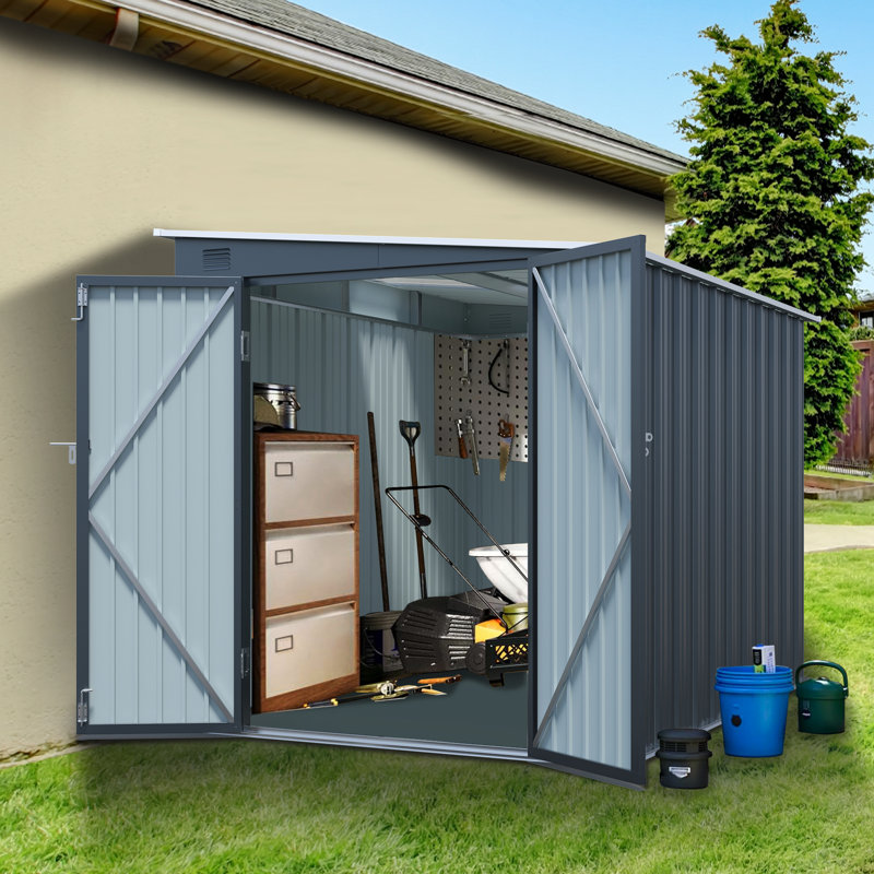 8 x 6 pi en acier galvanisé Lean - To Shed, portes doubles sécurisées, panneau de PC et peu encombrant, pour les petits jardins, la remise extérieure, la tondeuse à gazon avec remise verrouillable de 44 pieds carrés d'espace, planche, robuste, pelouse