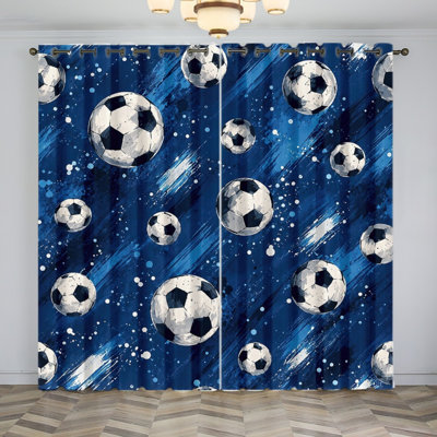 2Pcs Soccer Ball Blackout Curtains, Sports Themed Watercolor Blue Splash Window Drapes for Boys Room, Living Room World Cup Soccer Decor