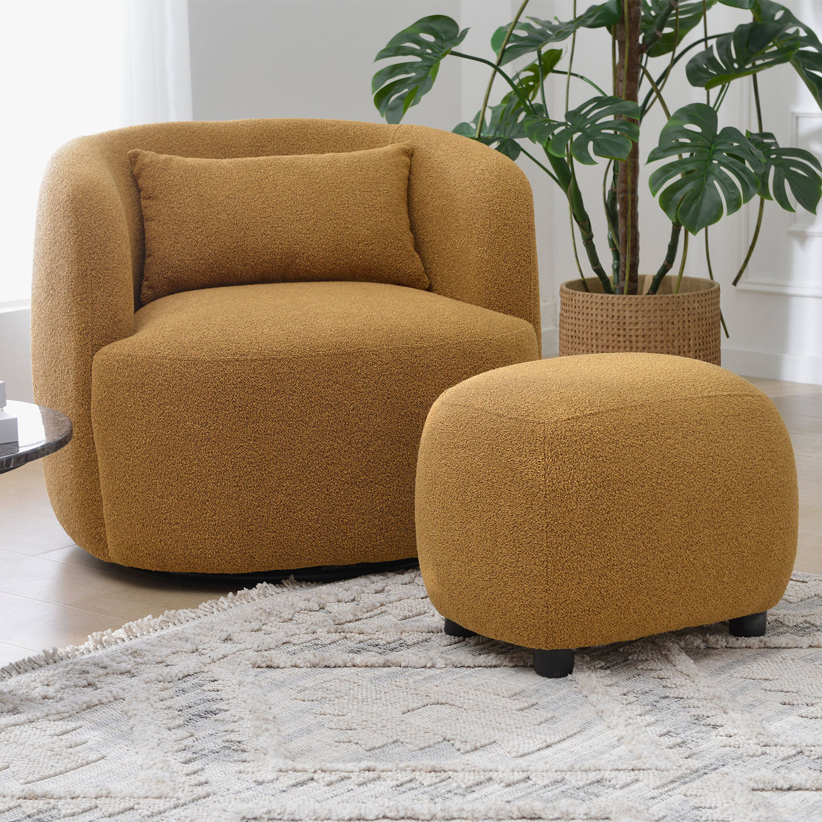 Aria Upholstered Swivel Armchair with Ottoman, Brown