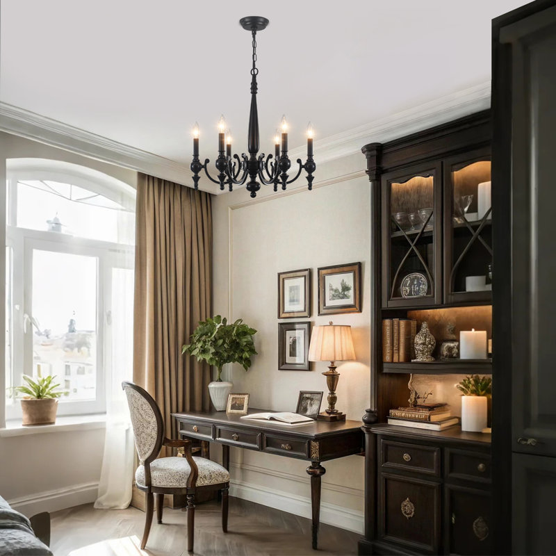6-Light Matte Black Candle Chandelier, 20.47" French Country Farmhouse Dining Room Light with Adjustable Chain