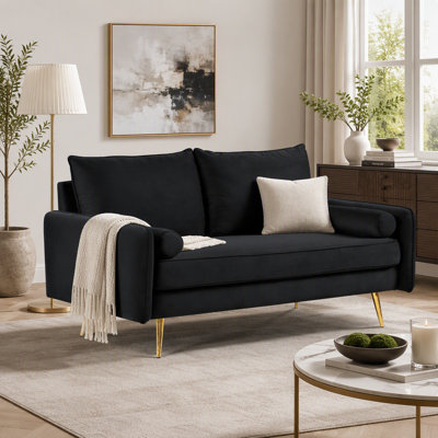 Causeuse moderne en velours 2 places avec garniture cloutée, pieds en métal doré et design compact pour la vie en appartement