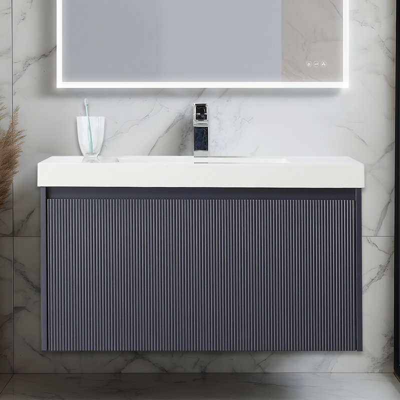 Lovold 36" Floating Bathroom Vanity with Acrylic Sink – Wall-Mounted Wood Cabinet with Fluted Front, Soft-Close Drawers & Modern Design
