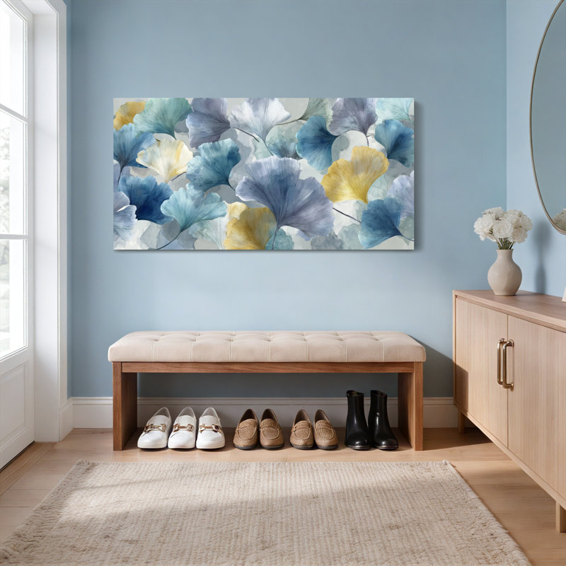 Tableau sur toile tendue, motif floral bleu et jaune à l'aquarelle, composé d'un tableau., H 12 po x l 36 po