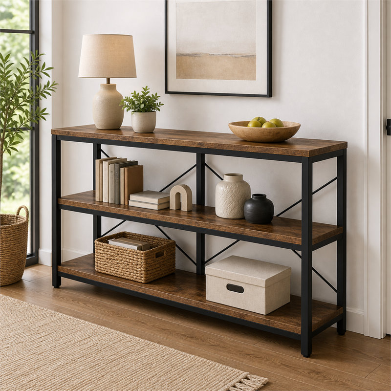 Console très longue à 3 niveaux avec tablettes de rangement ouvertes et structure en métal facile à assembler pour le vestibule du salon et derrière le canapé