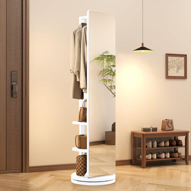 360° Rotating Full Length Floor Mirror With Coat Rack, Multifunctional Storage, Solid Rubberwood, White, 66"x14", White