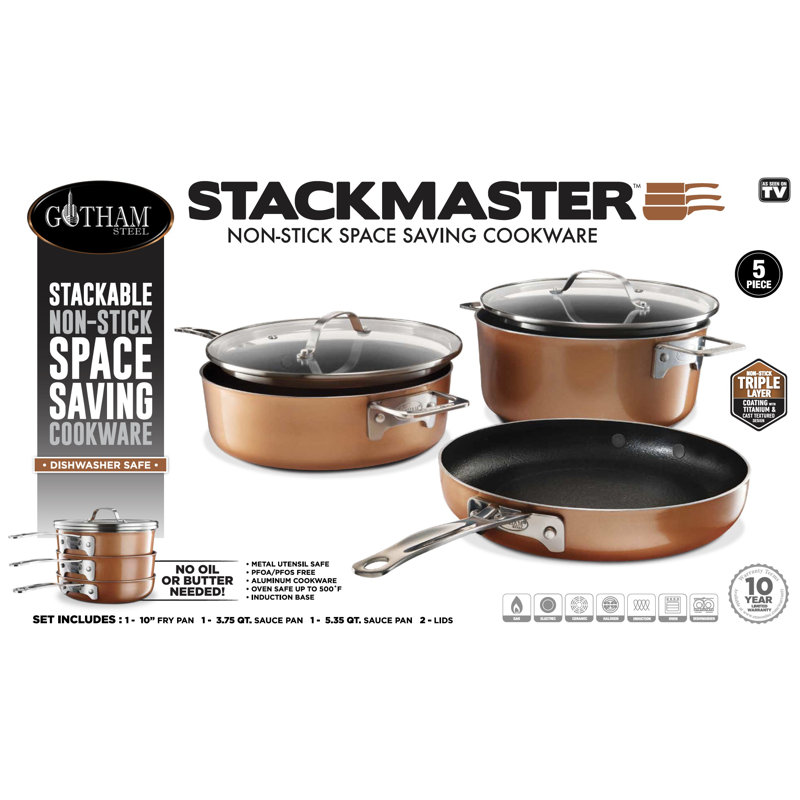 Gotham Steel Stackable Space Saving 5 Piece Copper Nonstick Cookware Set