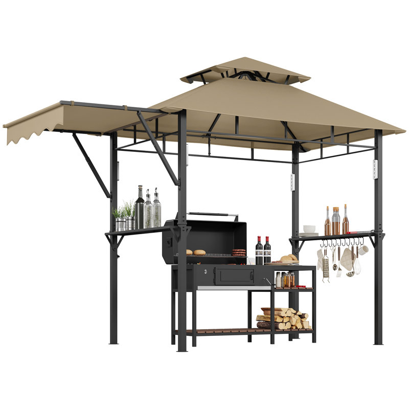 Grill Gazebo, Double Tired Outdoor Patio Canopy Tent with Side Awning Shelves,4 LED Lights,10 Hooks & Bottle Opener,Heavy Duty Steel Frame Grilling Canopy