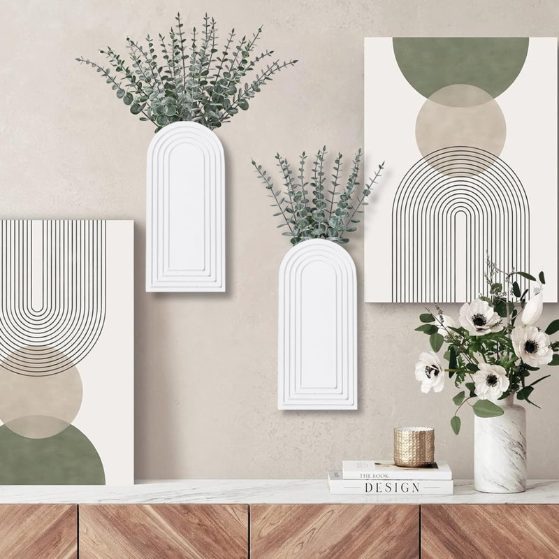 Ensemble de 2 vases muraux en bois - Décoration murale moderne de style campagnard et bohème blanc pour entrée, couloir, salle de bain, salon, salle à manger, espaces étroits