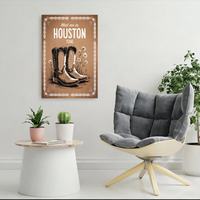 Houston Texas Cowboy Boots Rustic Vintage Daisy City Flower Wall Art Print 1 Piece Wrapped Canvas Wall Art