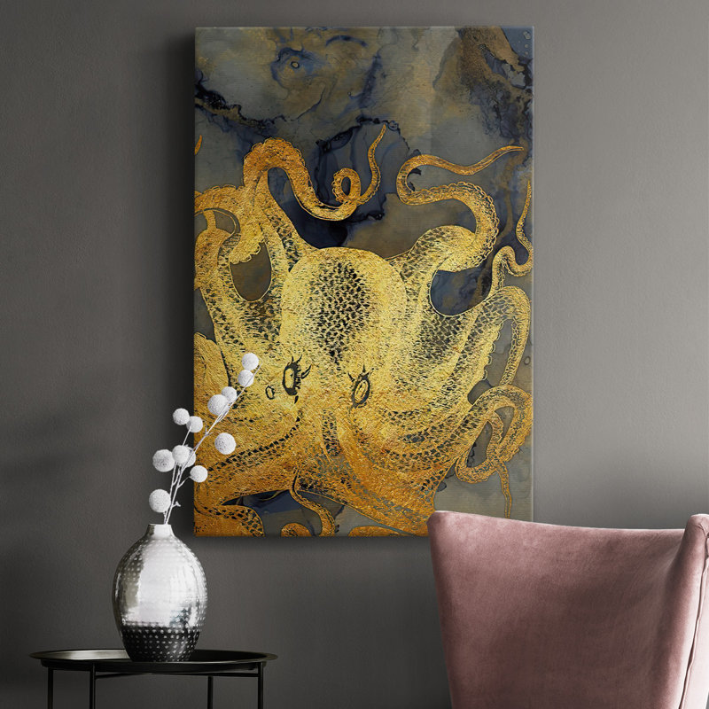 «Octopus Ink Gold & Blue II», toile tendue avec châssis de qualité supérieure - prête à être accrochée