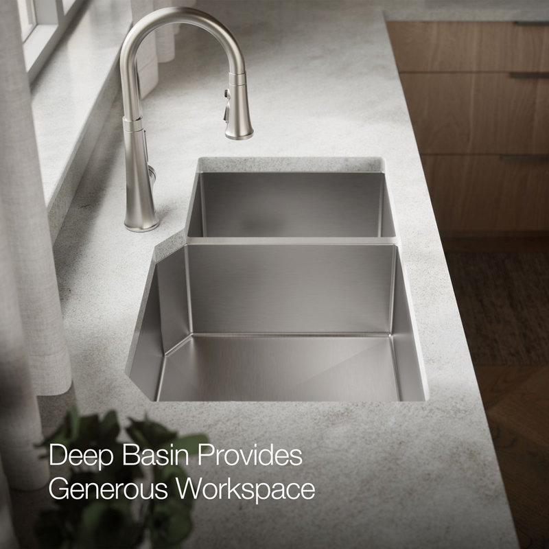 Strive 35-1/2" L x 20-1/4" W x 9-5/16" Under-Mount Extra-Large/Medium Double-Bowl Kitchen Sink with Basin Rack