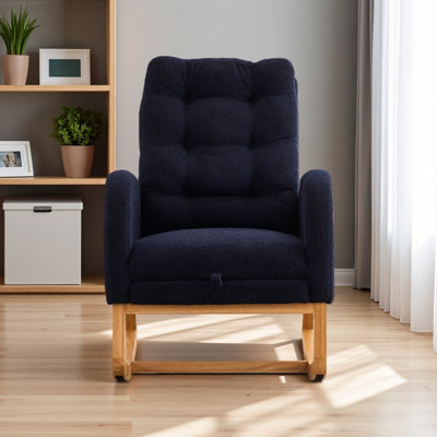 Accent Rocking Chair with Footrest & Storage Pocket | Deep Navy Blue High-Back Rocker | Rubber Wood Lounge Chair | for Nursery, Living Room | 38"W x 27"D x 40"H