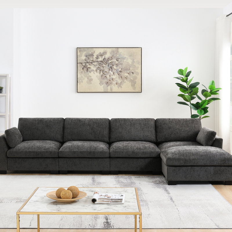 Canapé modulaire de 130 po en forme de L, 5 sièges, avec mousse haute densité, double charge, poches de rangement latérales, table pliante, mouvement, 2 coussins d'accoudoir, chenille, couleurs en forme de L,