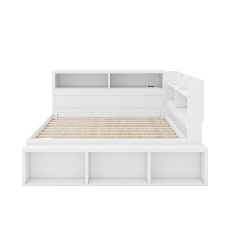 Lit de jour avec armoires de rangement, range-chaussures, structure en bois de pin massif avec ports USB, Blanc