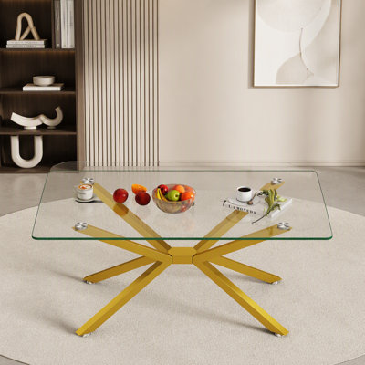 39.37" Rectangular Clear Tempered Glass Coffee Table,Stylish Design with Metal Legs, Coffee Table for Living Room
