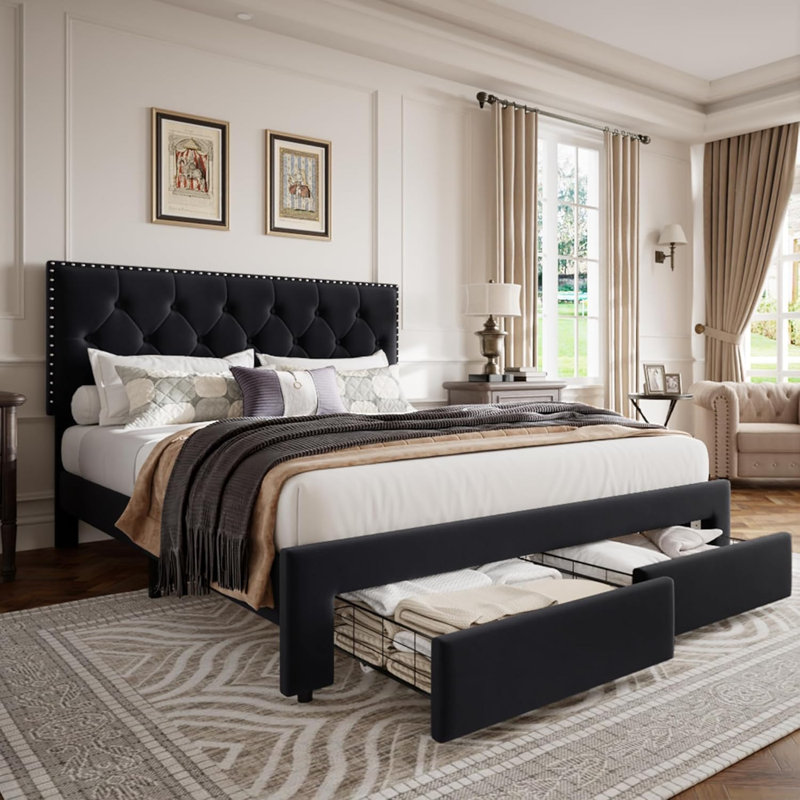 Bed Frame with 47" Tall Headboard, Velvet Upholstered Platform Bed w/2 Storage Drawers with Smooth Casters, Full/Black