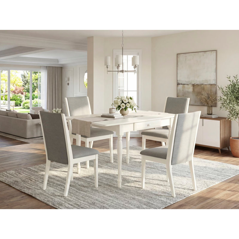 L'ensemble de table de salle à manger 5 pièces pour 4 personnes comprend une table de cuisine rectangulaire avec Dropleaf et 4 chaises de salle à manger Parson en lin Shitake, blanc lin