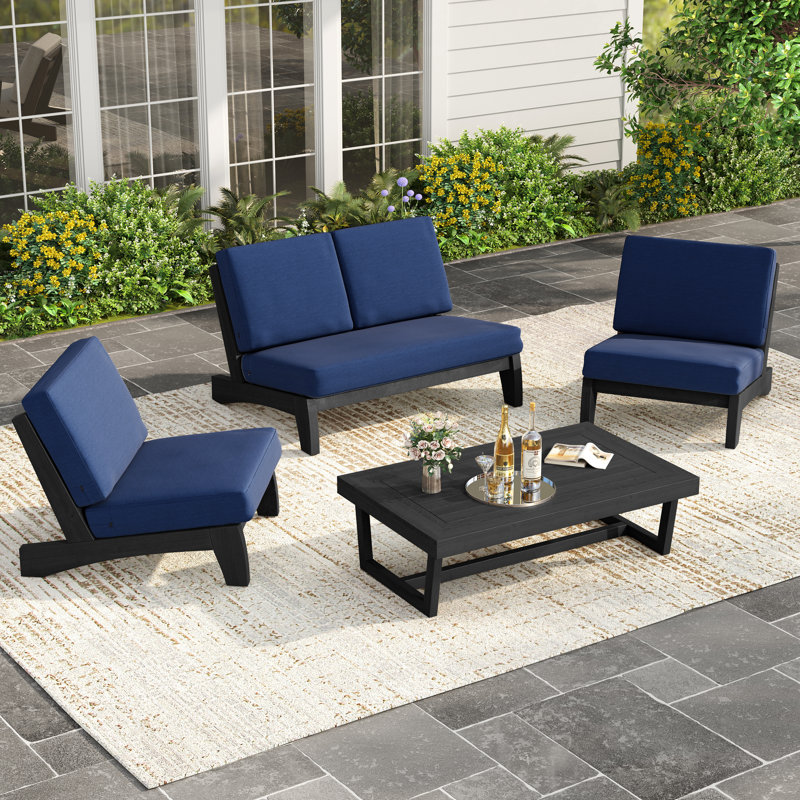Polett Outdoor Conversation Set Solid Wood Group With Armless Chair And Loveseat And Coffee Table, Navy, Black