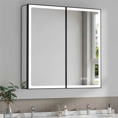 32" W X 32" H Rectangular Black Aluminum Frame Surface/Recessed Mount Medicine Cabinet with Mirrors, Anti‑Fog, Tri‑Color Dimmable Lights and Adjustable Glass Shelves for Makeup, Shaving or Bathroom Vanity Storage