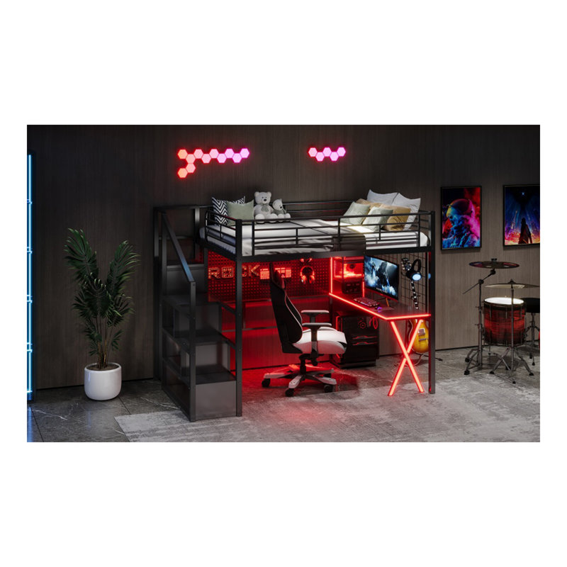 Full Size Metal Loft Bed With Built-In Work Station, Wardrobe, Storage Staircase And LED, Black