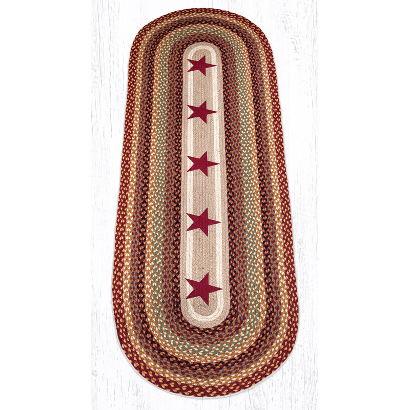  Burgundy Stars Oval Patch Rug, Braided Jute Runner with Primitive Star Design, Runner 2' x 6'